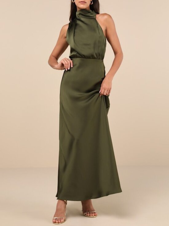 Lulus Dresses & Skirts - Lulus Distinctive Charm Olive Green Satin Asymmetrical Maxi Dress - Size L